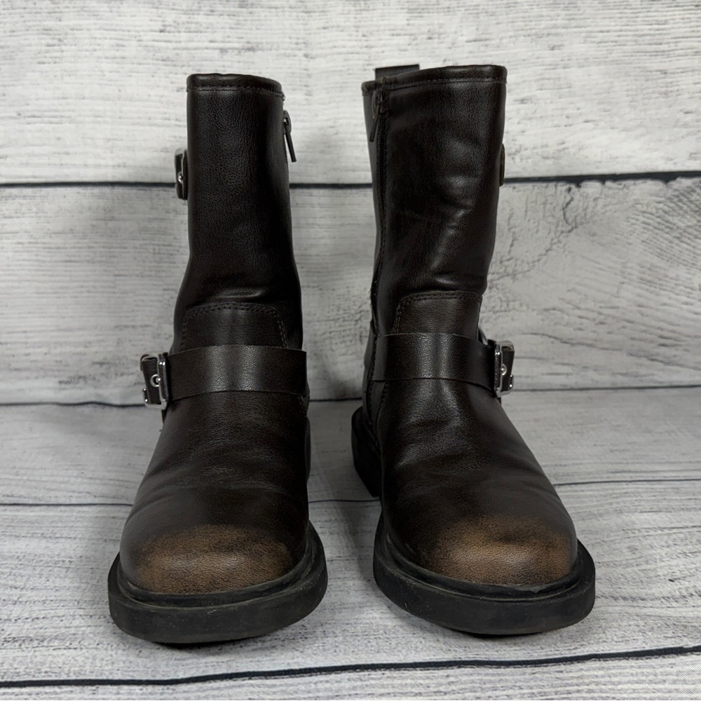 Zara Girls Distressed Motto Biker Dark Brown Buckle Harness Zippered Boots Sz 33 - Picture 2 of 11